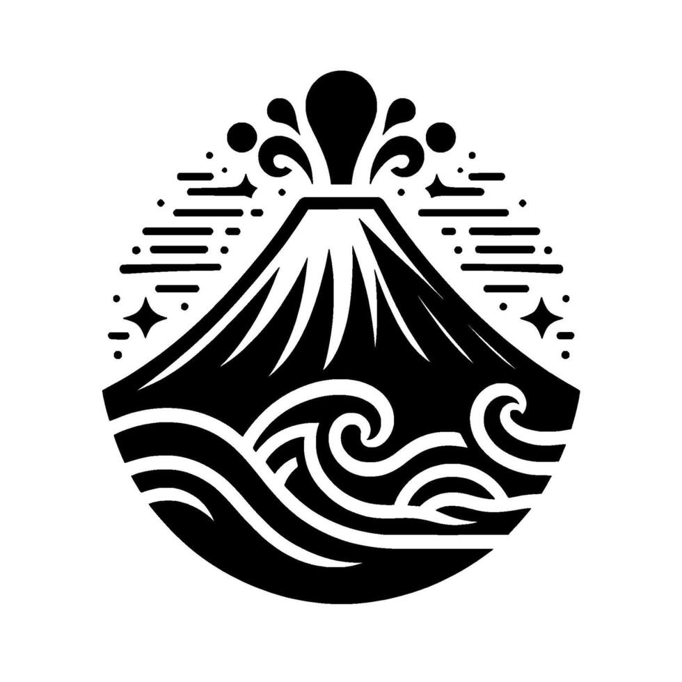 Black and White stylized Japaneseinspired illustration of a volcano erupting over stylized ocean waves, with dotted star and linelike accents, all contained within a circular border. vector