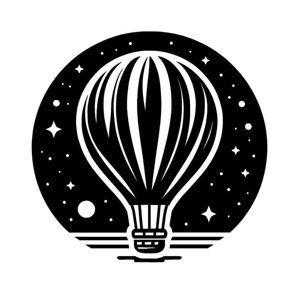 Monochrome Hot Air Balloon Silhouette with Stars, a black and white inside of a circle, evokes travel adventure. vector