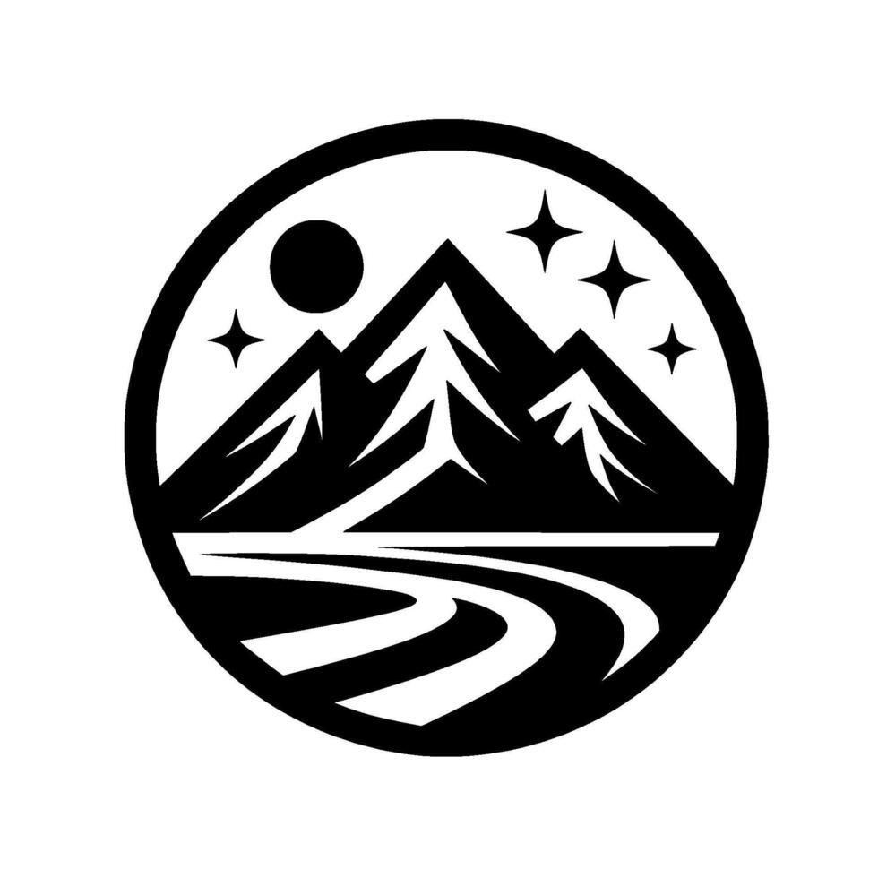 Black and white circular featuring mountain peaks, evergreen trees, a winding road, sun, and stars, stylized in a modern, minimalistic aesthetic. vector