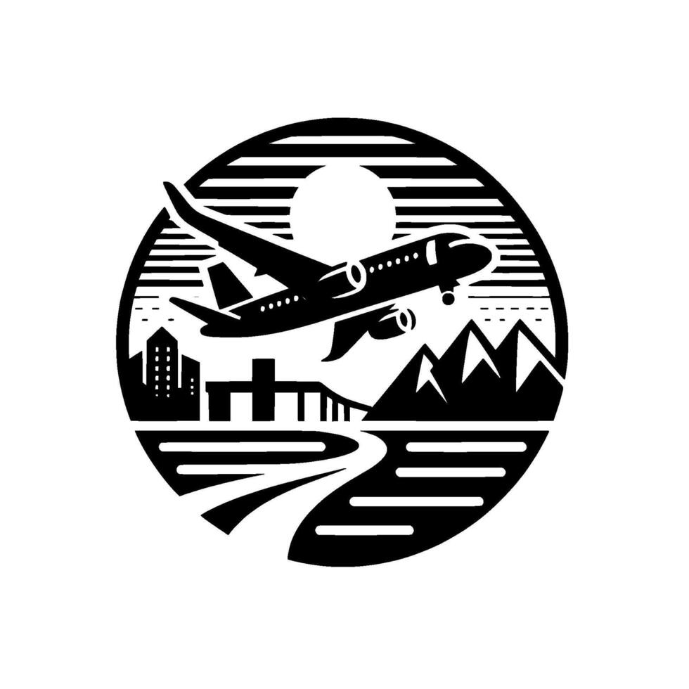 Black and White Circle Airplane Taking Off Over Cityscape, Mountains, Bridge, and River Travel Concept. vector