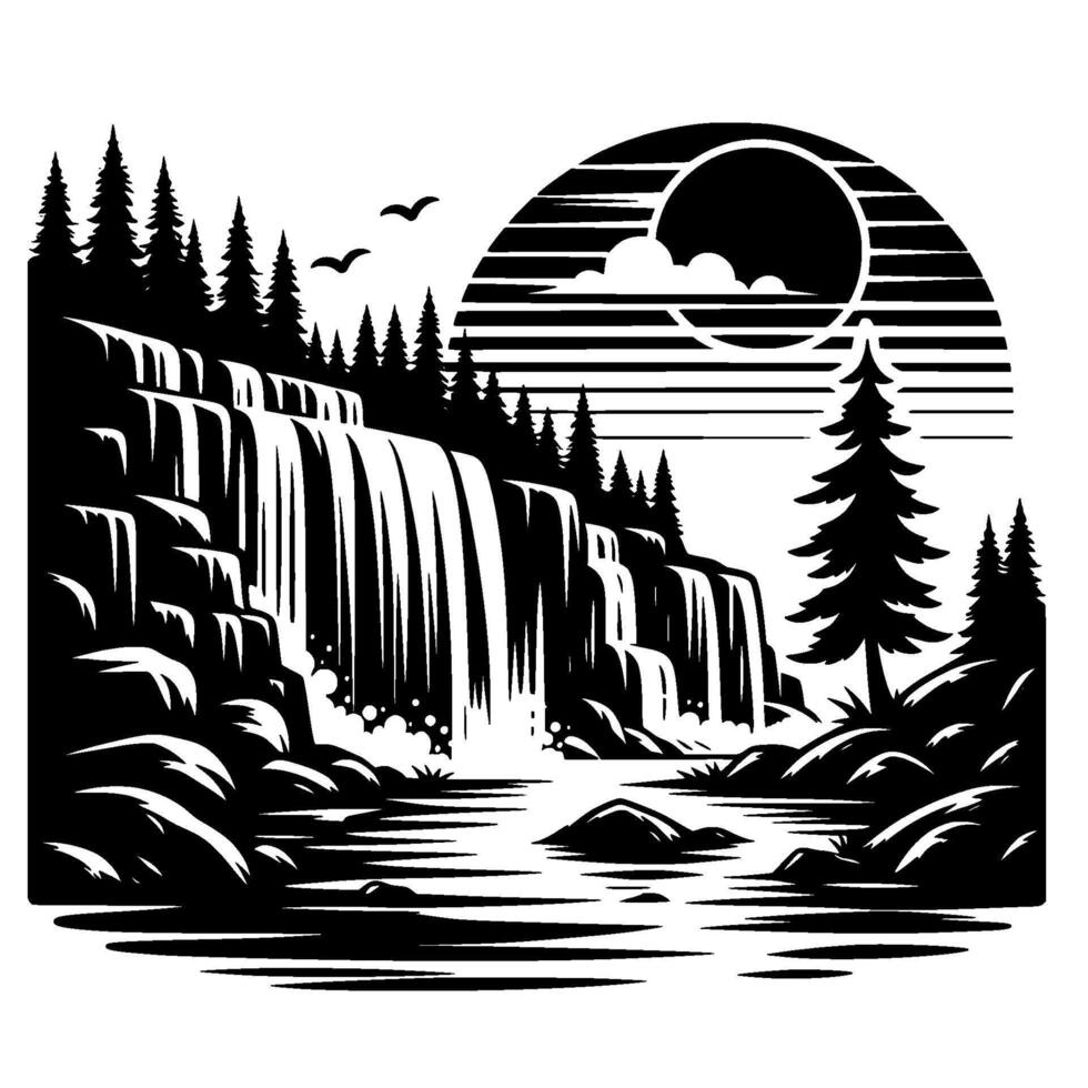 Black and white minimalist illustration of a cascading waterfall, with surrounding forest, water, sky, and sun . vector