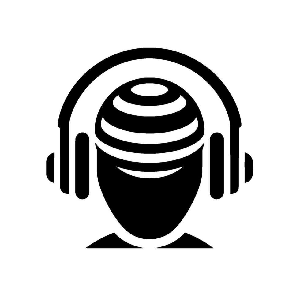 Black and white minimalist illustration of a person wearing headphones, with a striped globeshaped head, and a pure white background, suggesting technology and audio listening. vector
