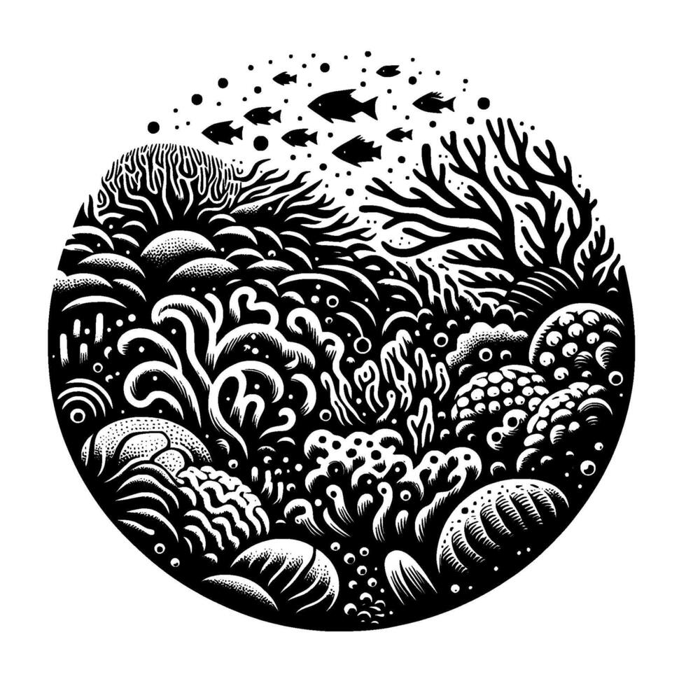 Intricate Black and White Circular Illustration of a Vibrant Coral Reef Ecosystem, Complete with Schools of Fish. vector