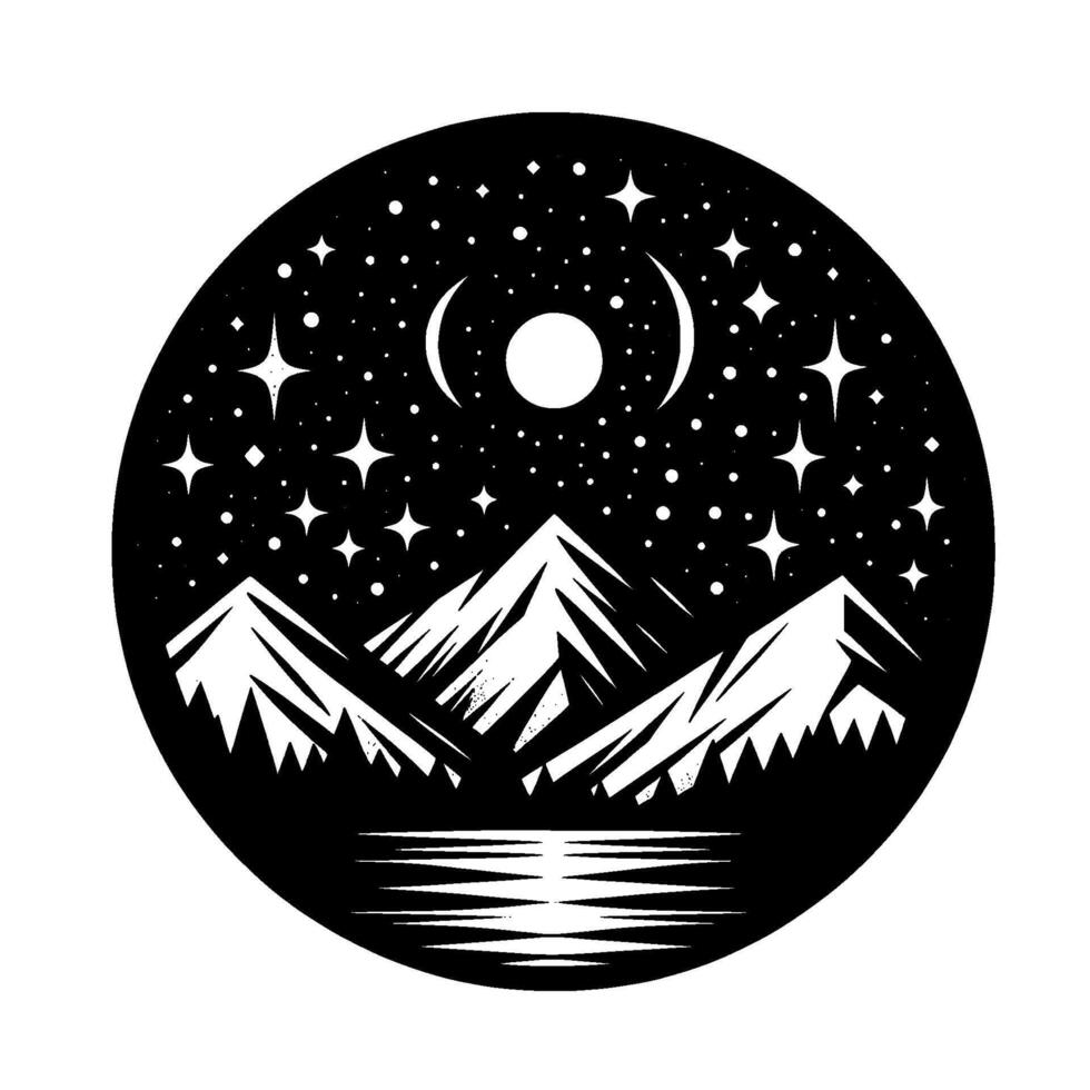 Black White Celestial Roundel Mountain silhouette under a starlit sky with a full moon and crescent moons reflected in still water. vector