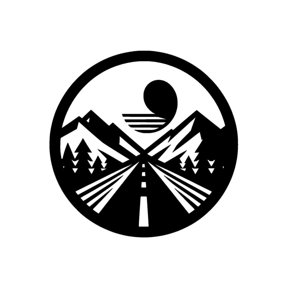Monochromatic, Circular Emblem Mountain Road Landscape with Sun, Trees, and Geometric Lines vector