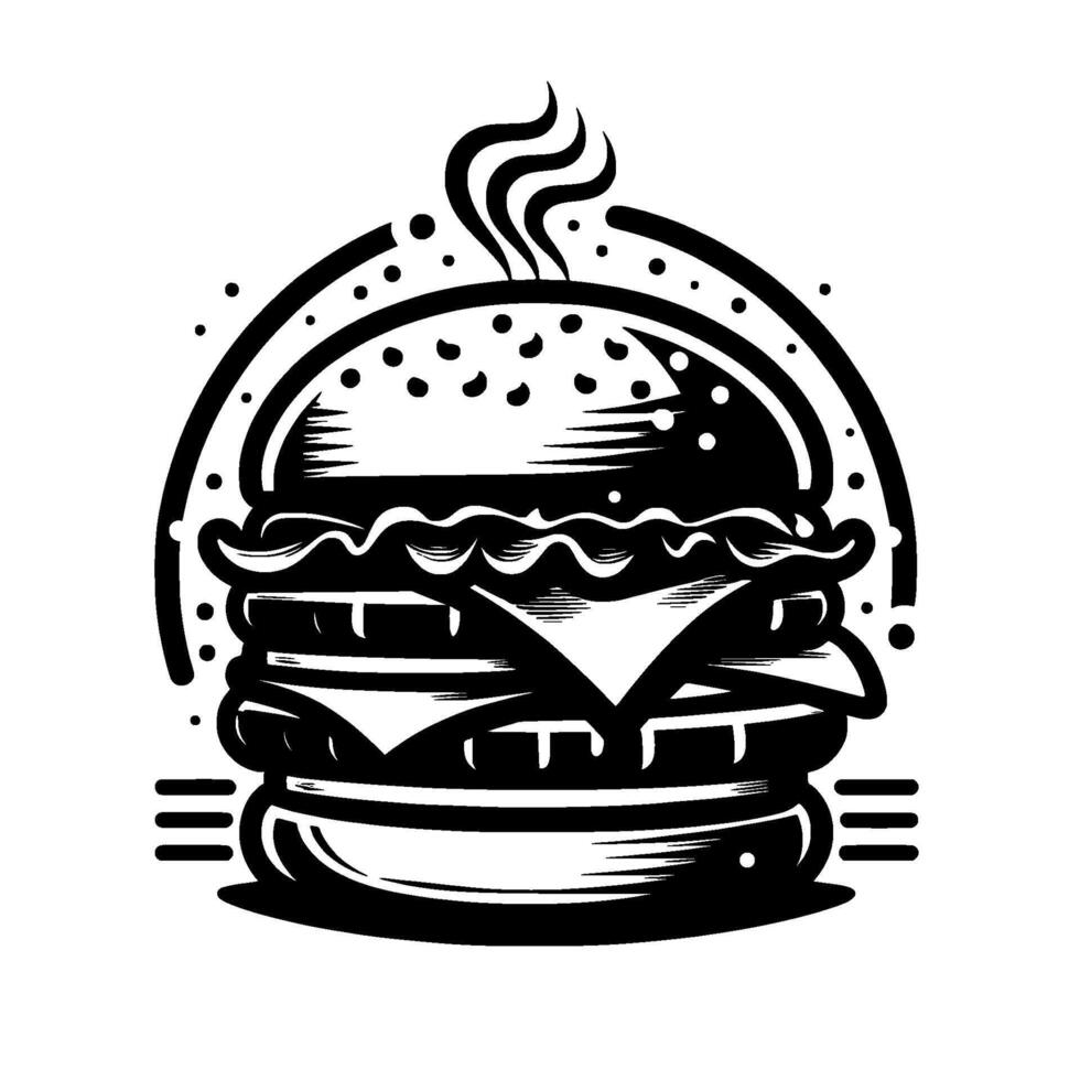 Bold Black White Illustration of a Gourmet Burger with Steaming Bun, Cheese, Embellished Frame, Isolated. vector