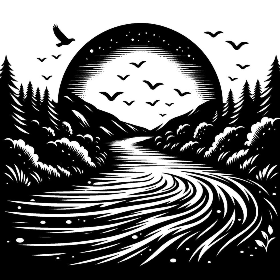 Monochrome Illustration of a River Journey Under a Starry Moon with Flying Birds and Forested Banks. vector