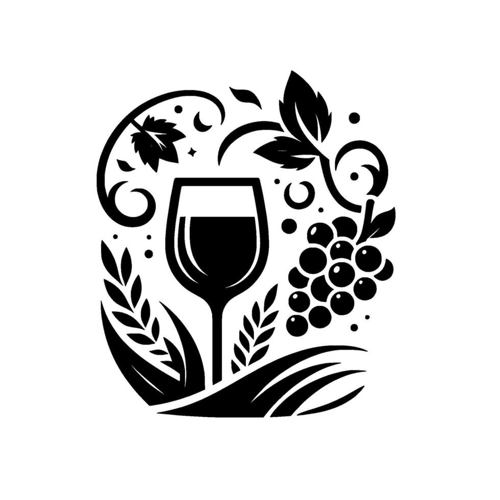 Elegant Black and White Wine Featuring a Filled Glass, Grapes, and Leafy Vines with a stylized, natural composition. vector