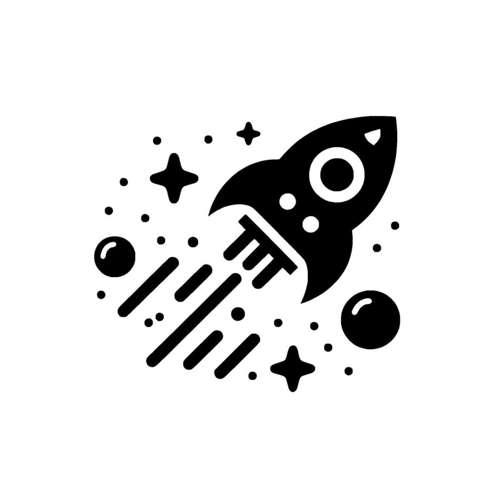 Black and white illustration of a rocket ship blasting off into space amidst stars and planets, a minimalist . vector
