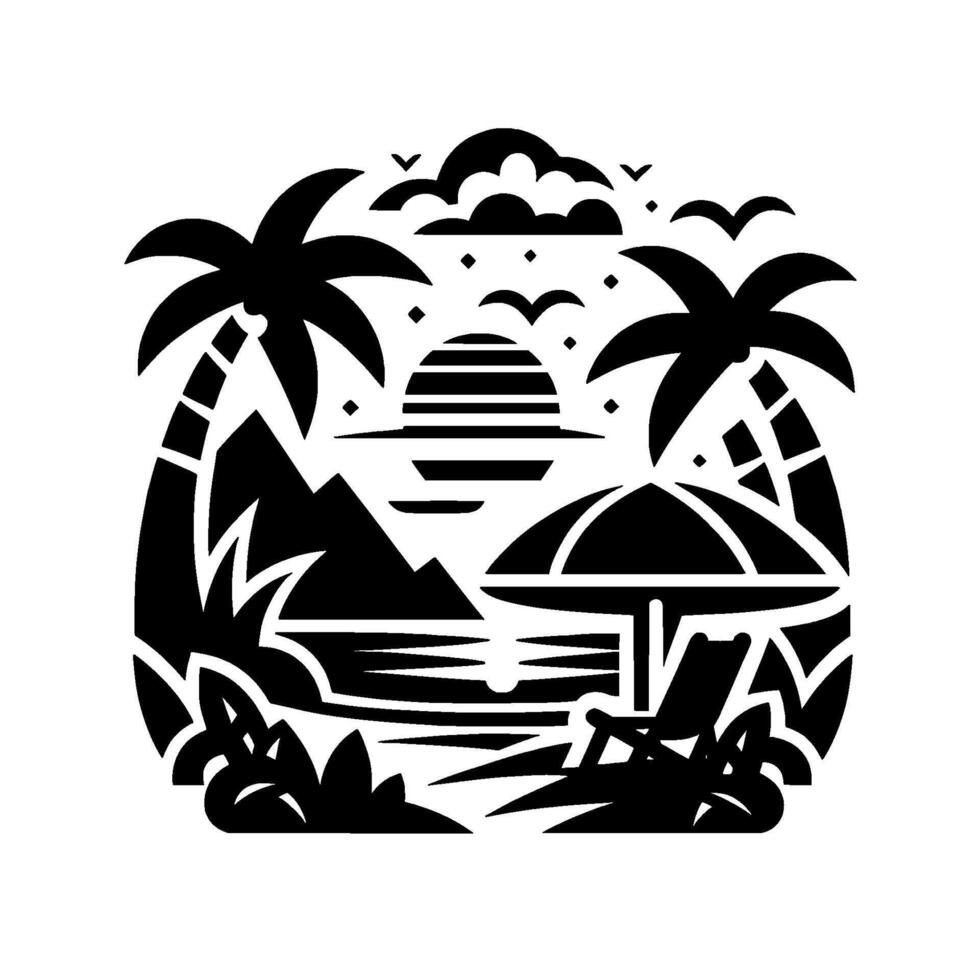 Black and white illustration of a tropical beach scene with palm trees, a sunset, lounge chair, umbrella, mountains, birds, and vegetation, evoking a serene vibe. vector
