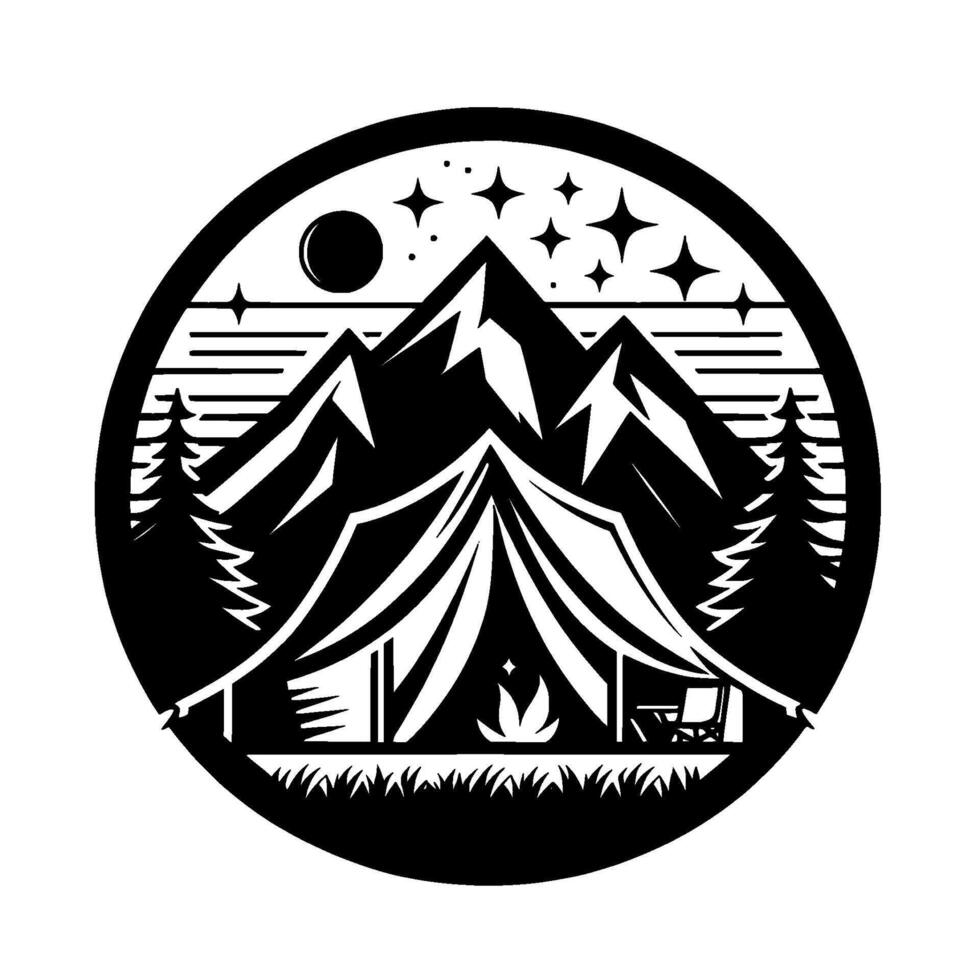 Silhouette Camping Scene Tent Under Starry Night, Mountains Bonfire Within a Circular Frame, Natures Embrace. vector