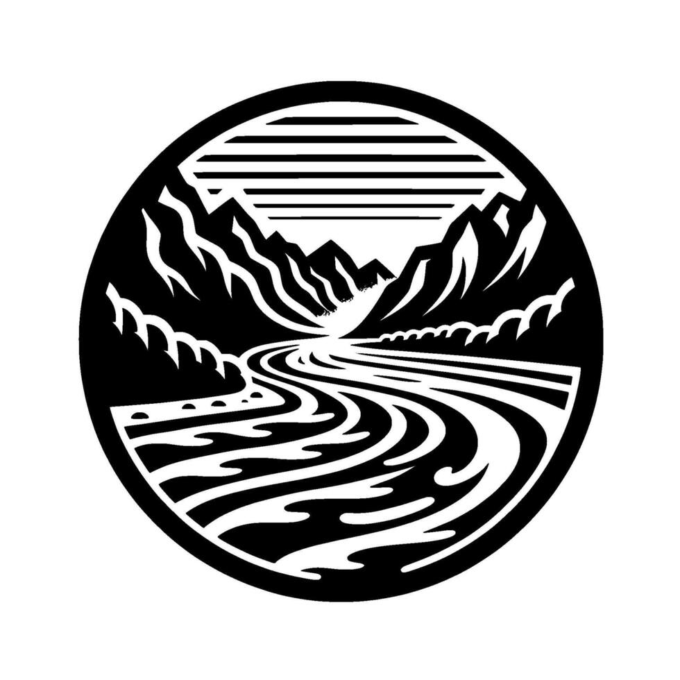 Geometric monochrome landscape depicting a stylized river winding through towering, jagged mountains, enclosed within a circular frame, and a striped sky. vector