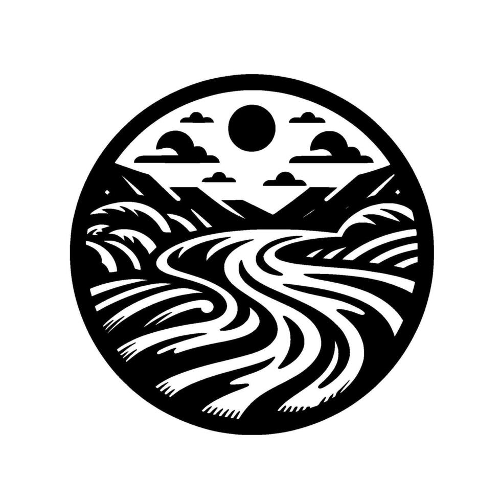Minimalist Black and White Circle Illustration Depicting a Serpentine River Flowing Through Mountainous Landscape Under Sun and Clouds. vector
