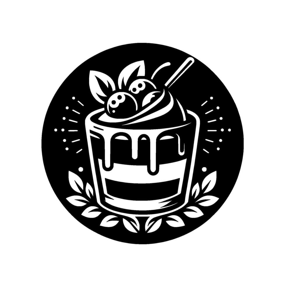 Black and White Illustration of a Dessert in a Glass with Berries, Cream, and Foliage Within a Circular Frame. vector