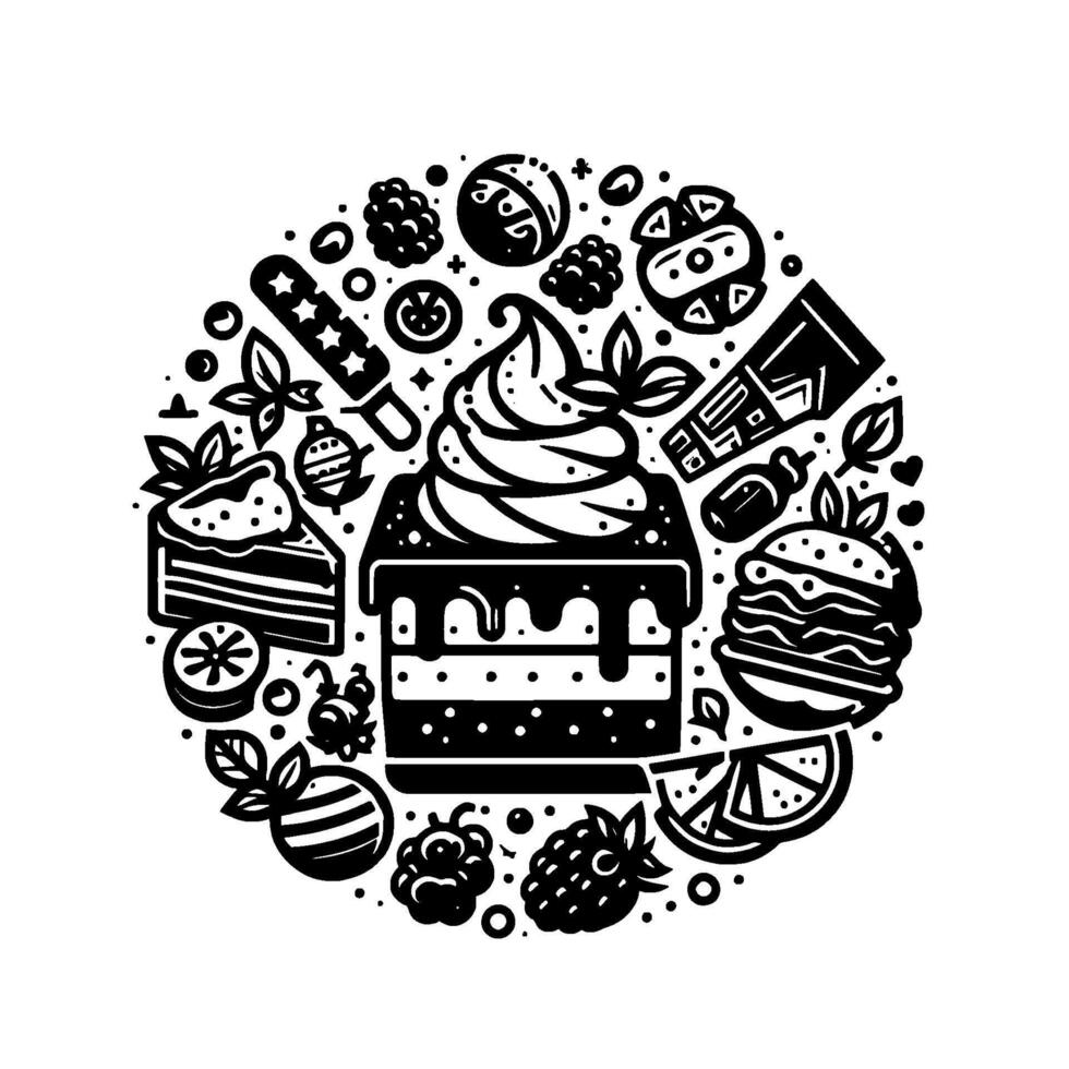 Monochrome circular illustration of assorted desserts and fast food icons, including cake, berries, burger, in a modern style. vector