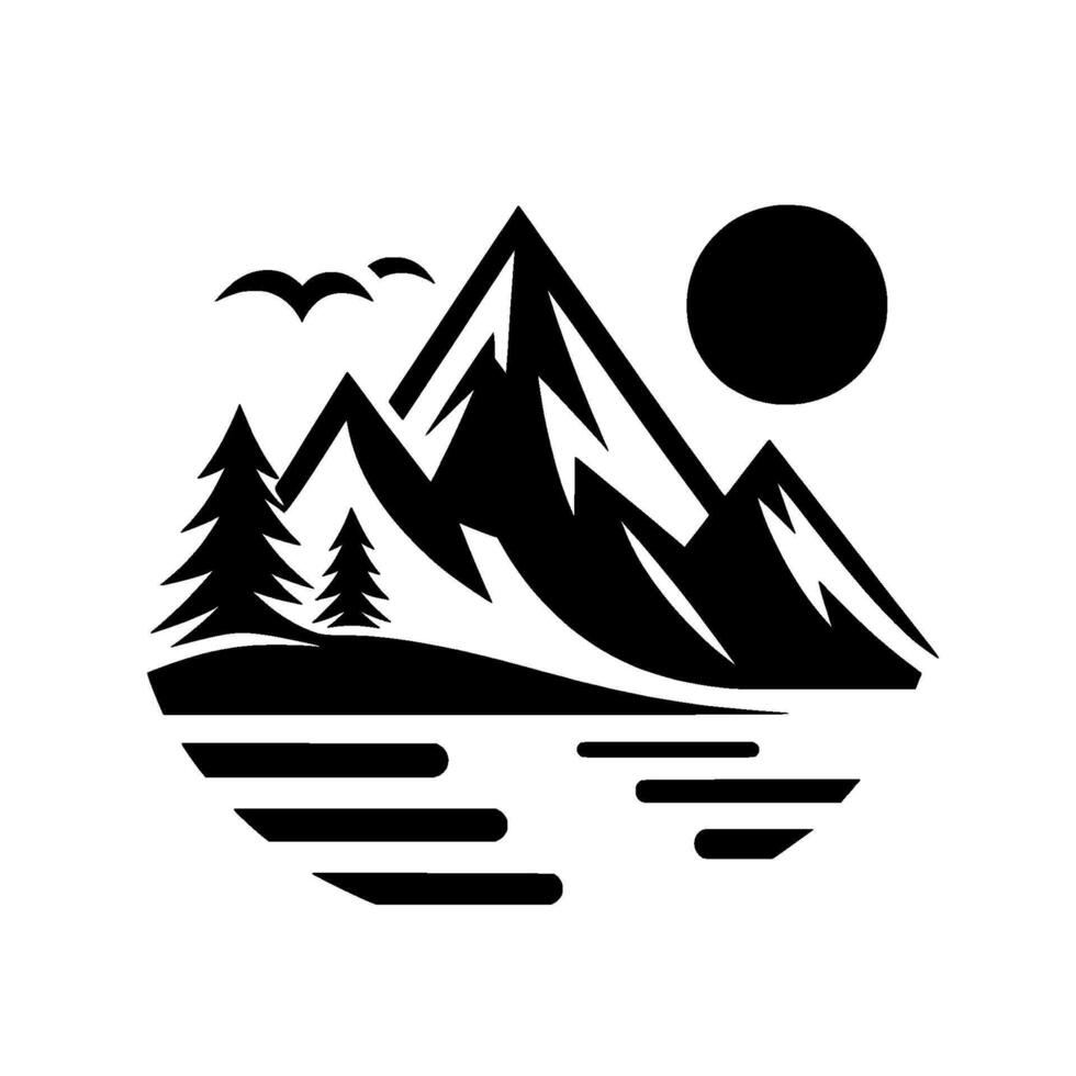 Monochromatic nature illustration depicting a mountain range, sun, trees, water, and birds, conveying serenity. vector
