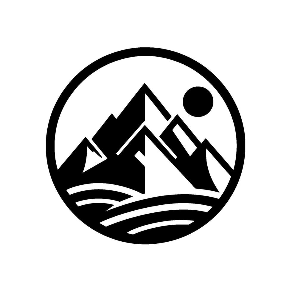 Minimalist black and white circular featuring stylized mountain peaks, ocean waves, and sun silhouette. vector