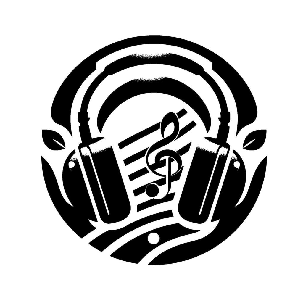 Black and White Circular Headphones Encircle Musical Clef, Symbolic of Sound and Nature Fusion, On White Background. vector