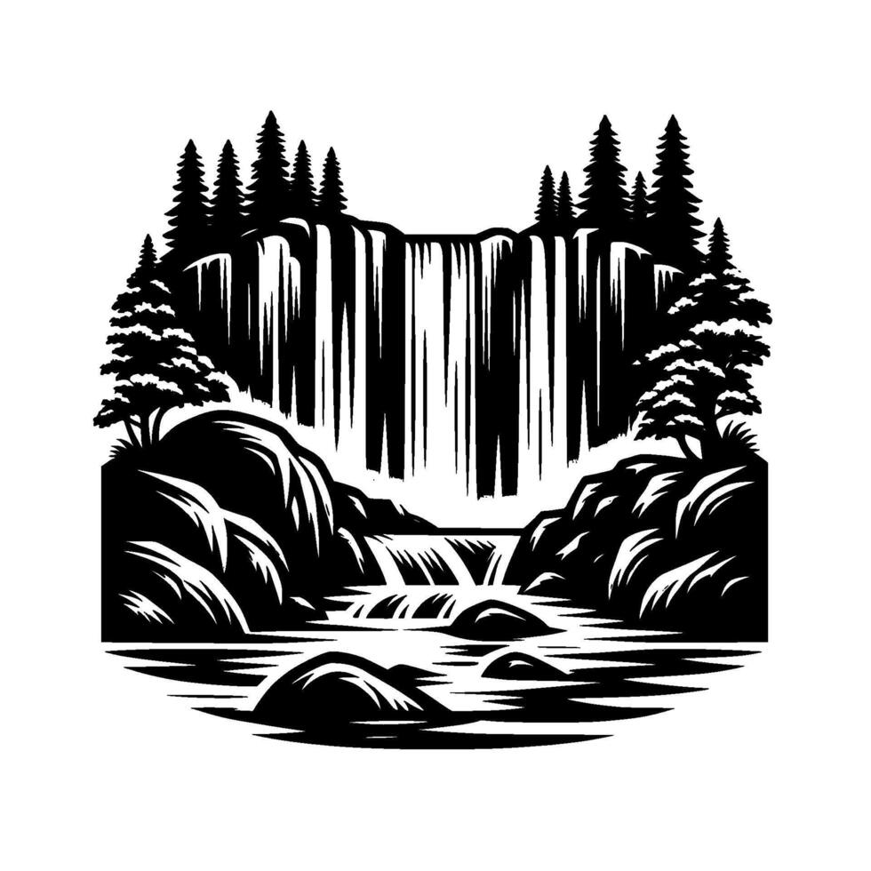 Bold Black and White Silhouette Illustration of a Majestic Waterfall Cascading Over Rocky Cliffs with Evergreen Trees and a Serene River Below. vector