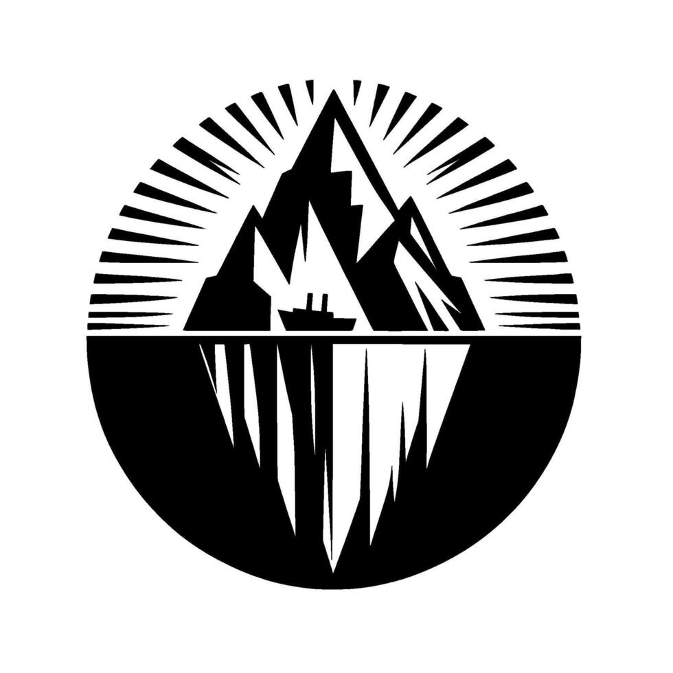 Minimalist Black and White Illustration of a Mountainous Landscape with a Boat Reflecting in Still Water, Enclosed in a Circle vector