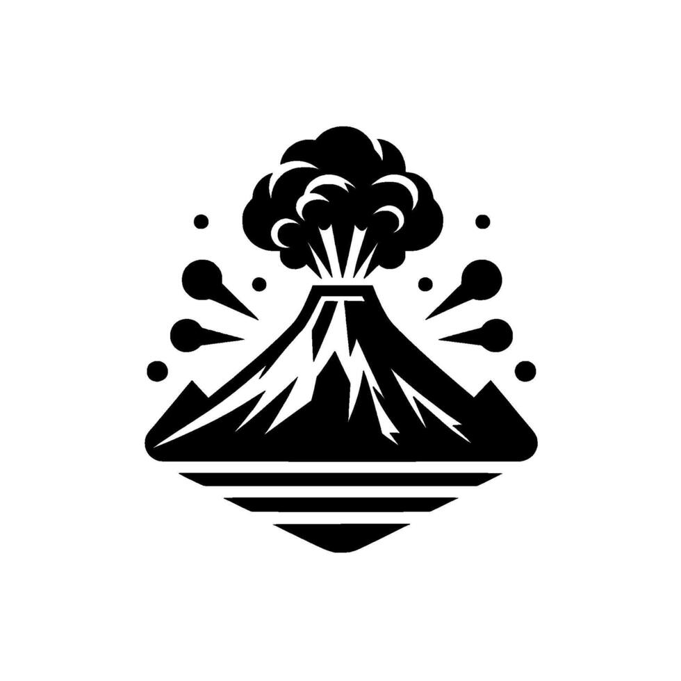 Stylized black and white volcanic eruption with mountain silhouette, smoke cloud, and erupting lava, on a diamond shaped base. vector