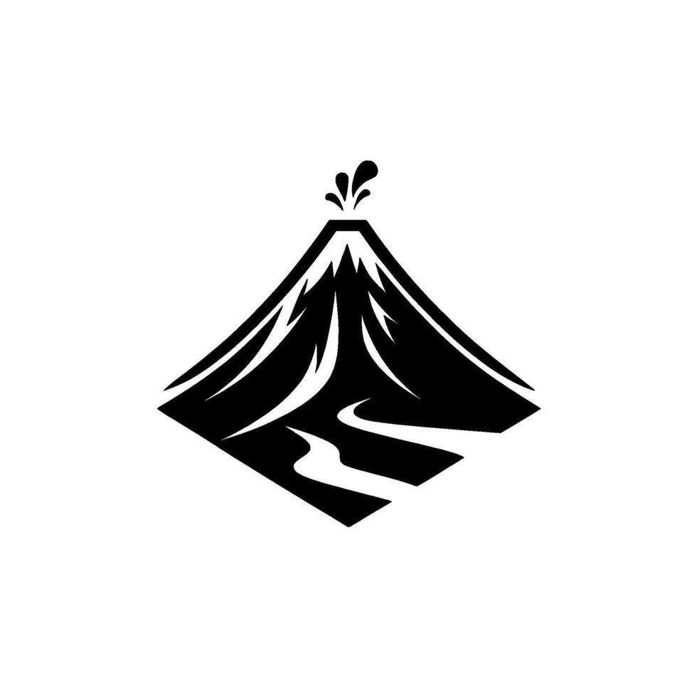 Black and White of an Erupting Volcano with a River and a Geometric Mountain Shape on a Grayscale Background vector