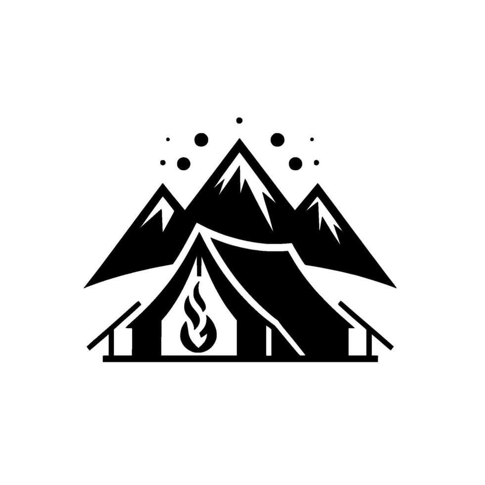Silhouette Camping Black tent with flame, set against mountainous backdrop with falling snow and stars, evoking outdoor adventure. vector