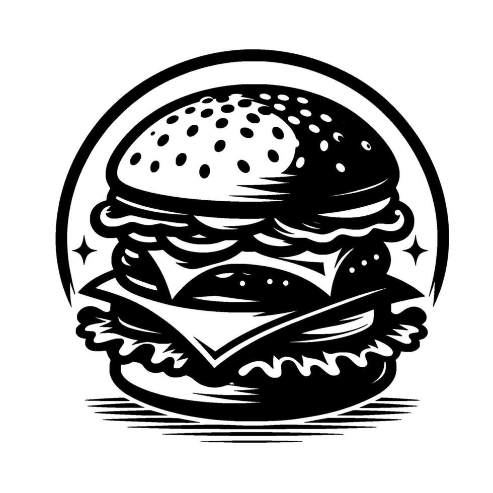 Bold black and white burger inside a circular frame with star accents. vector
