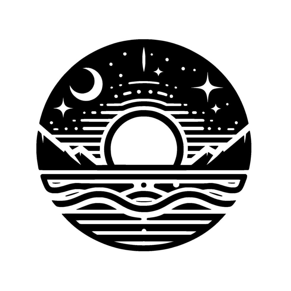 Minimalist Black White Celestial Landscape Moon, Stars, Mountains, and Horizon Over Serene Waters, Circle . vector