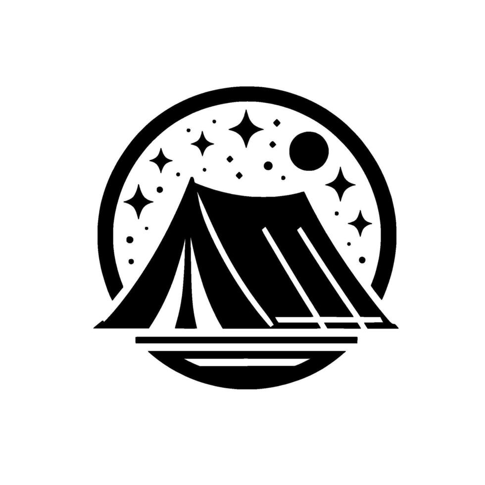 Black and White Circular Camp Tent Under a Starry Night Sky, with a Full Moon Above. vector