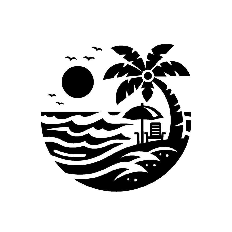 A serene black and white coastal scene, featuring a palm tree, beach umbrella, waves, sun, birds, and a relaxing chair, all within a semicircle. vector