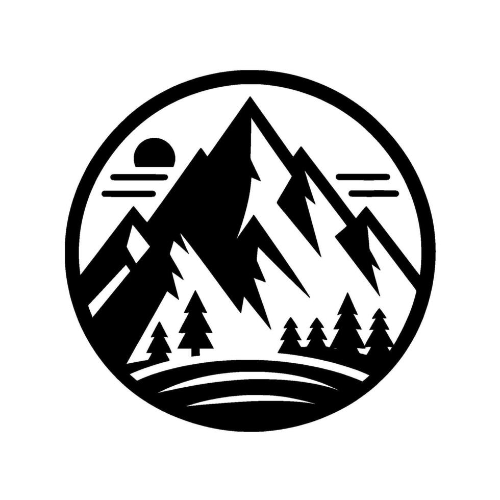 Silhouette of majestic mountains, trees, and setting sun within a circular frame, capturing the wilderness. vector