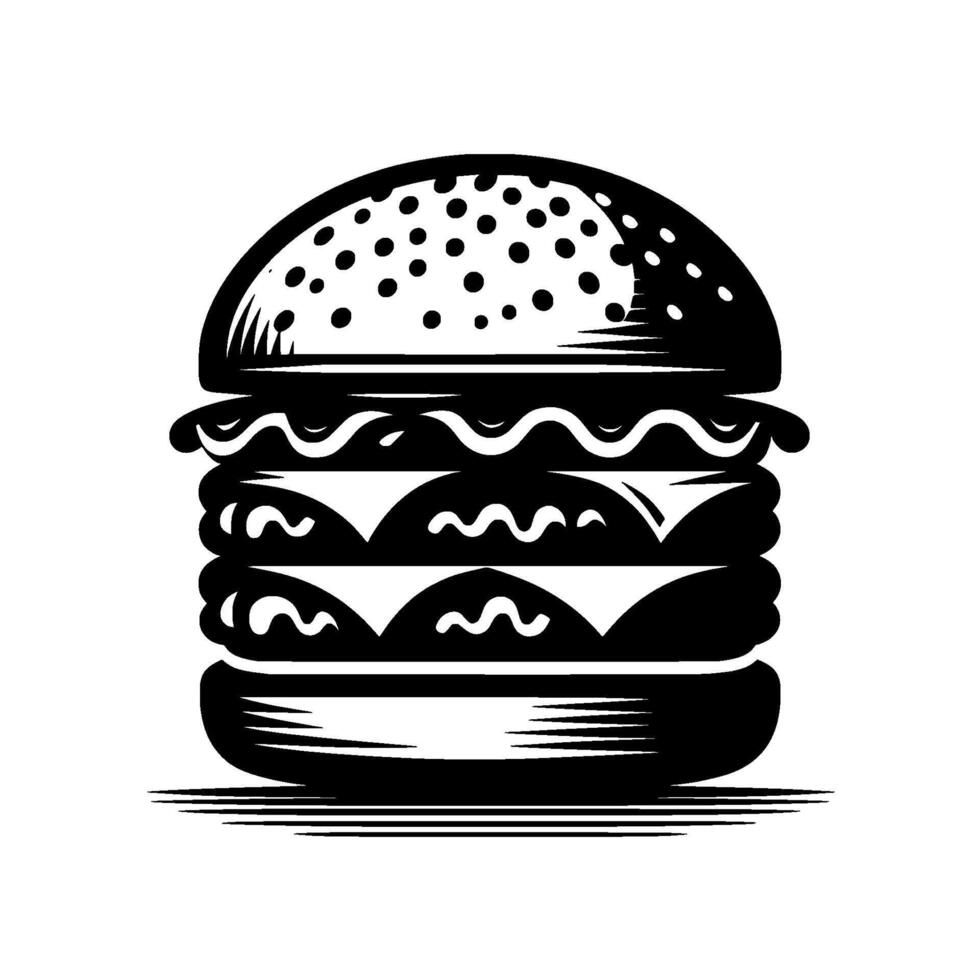Bold Black and White Illustration of a Delicious, Stacked Cheeseburger with Detailed Elements and Textured Bun, Isolated on White. vector