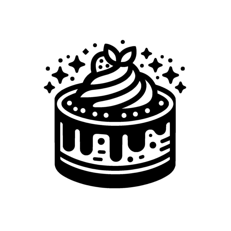 Whimsical Black and White Illustration of a Decorated Cake with Whipped Cream and Starry Sparkles, on a Plain White Background. vector