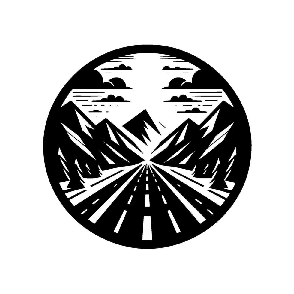 Stylized Black and White Road Through Mountains, Clouds Above, Circular Composition vector