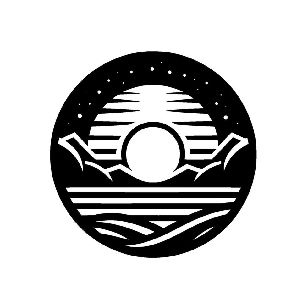 Silhouette of a celestial landscape inside a circular frame, featuring a sun or moon behind stylized mountains and water, under a starry sky. vector