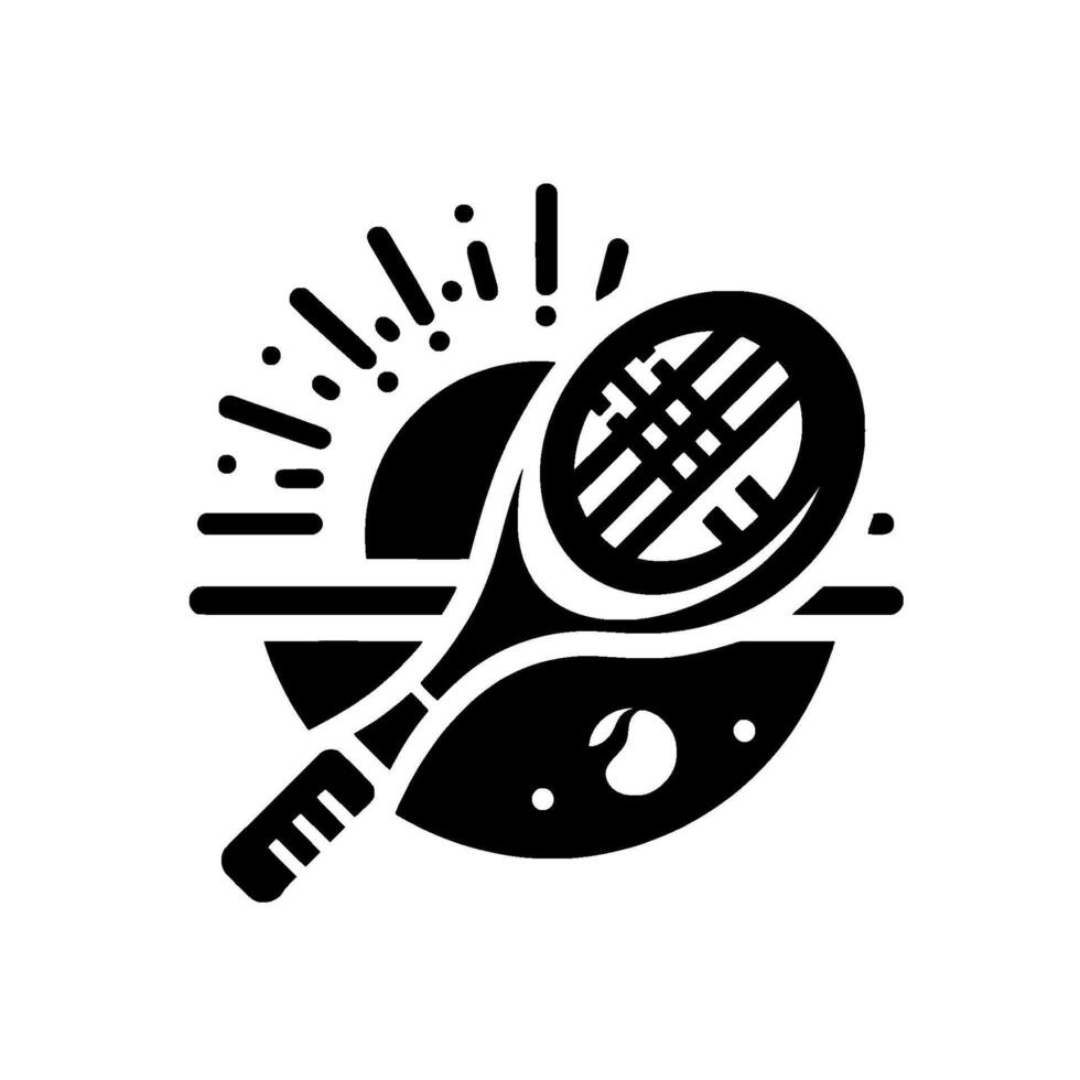 Dynamic black and white tennis illustration featuring a racket striking a ball, encircled by stylized sunburst elements. vector