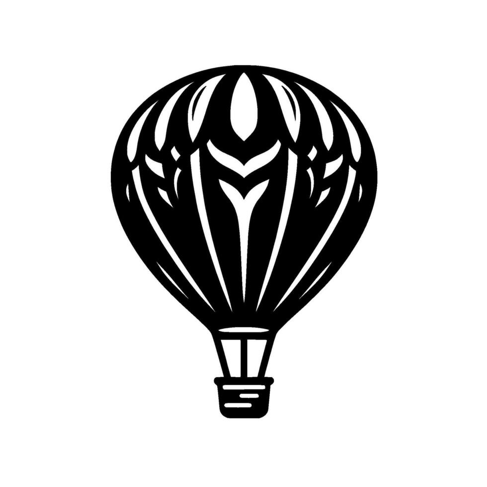 Silhouette of a classic hot air balloon in black against a white background, showcasing intricate details in a minimalistic art style. vector