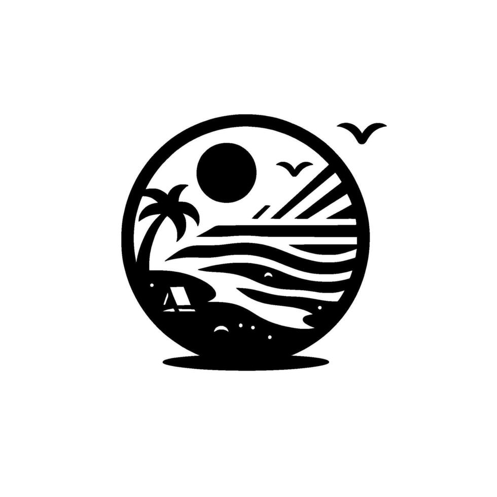 Circular black and white illustration of a serene beach scene with sun, palm tree, waves, birds, and a sun shelter on the sand. vector