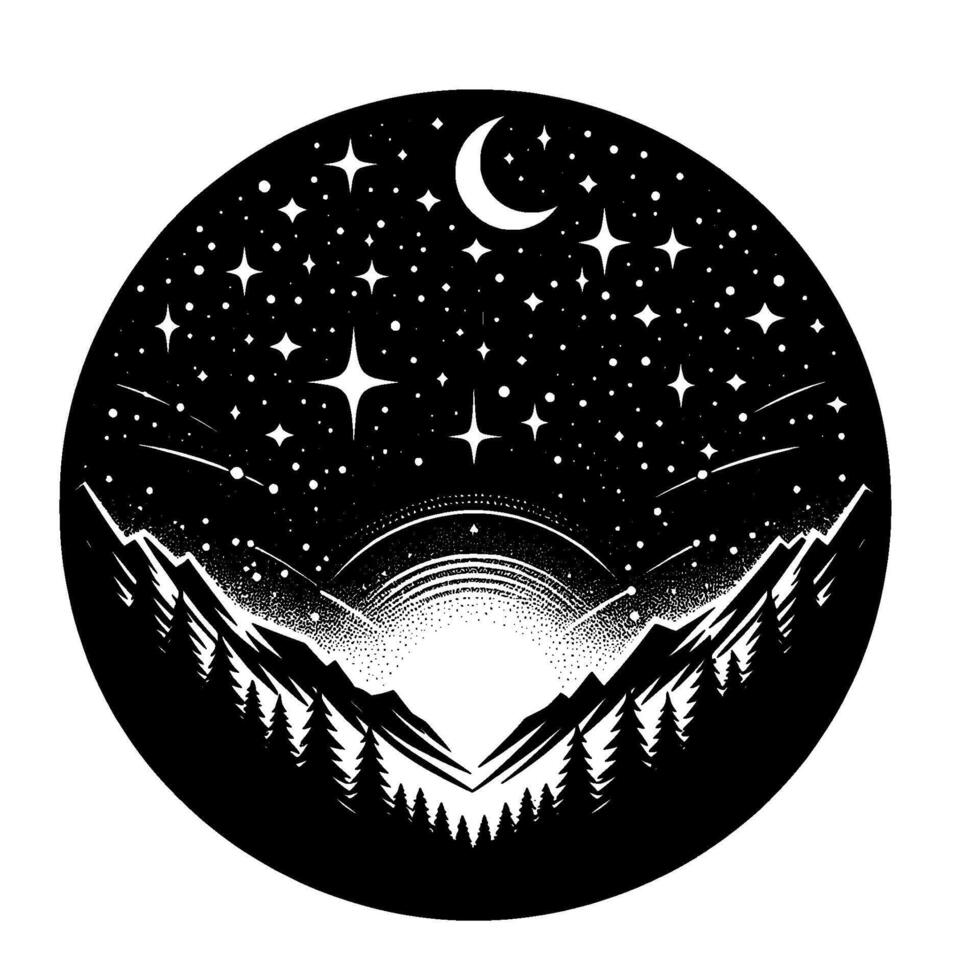 A celestial monochrome scene within a circle, featuring starry night skies, crescent moon, mountain range, pine trees, and glowing horizon. vector