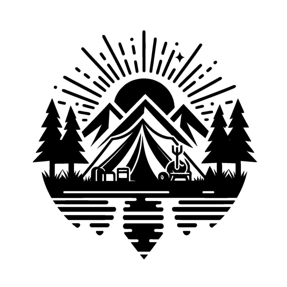Minimalist Black and White Camping Scene Tent, Mountains, Sunburst, Campfire, and Reflections in a Circular Composition vector