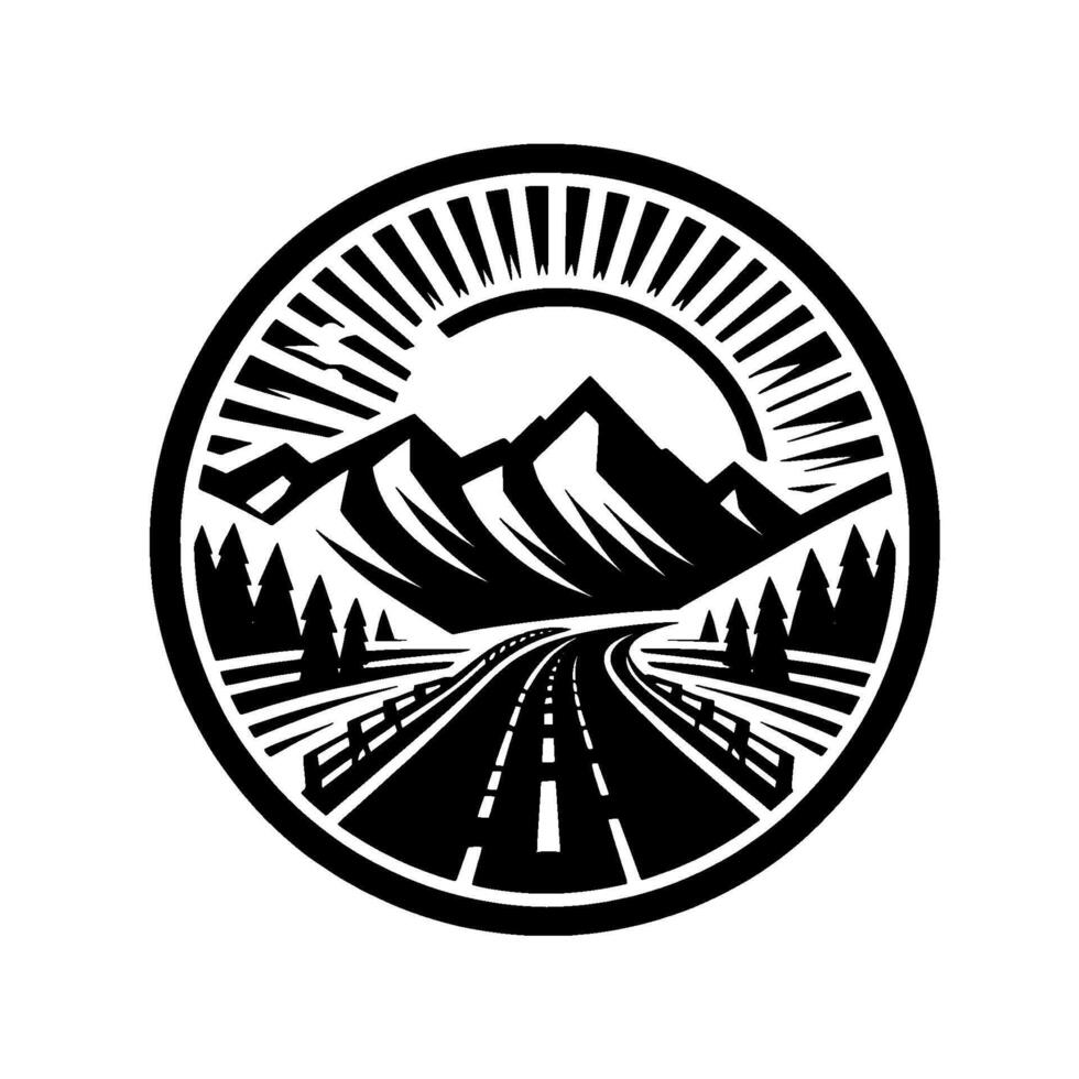 Black and white circular emblem Mountain range, winding road, and sunburst illustration, capturing a journeys beginning. vector
