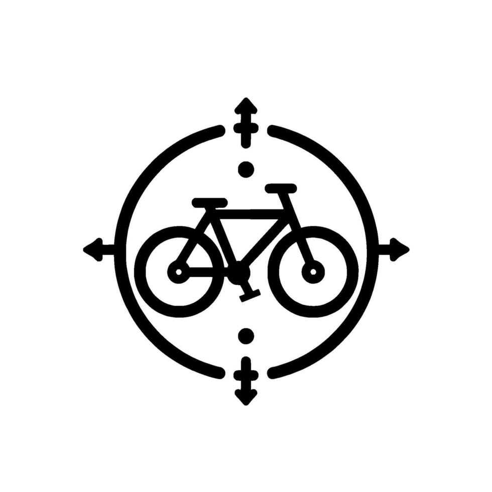 Minimalist Black Bicycle Within a Circular Compass with Arrows, Representing Navigation and Cycling Direction on a White Background. vector