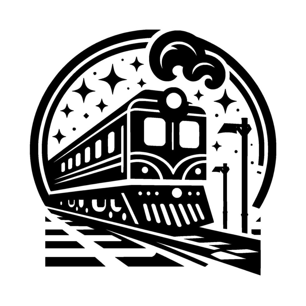 Black and white vintage illustration of a train against a starry night sky, within a circular frame. vector