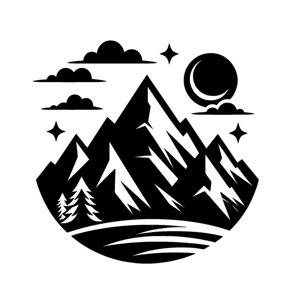 Stylized Black and White Mountain Landscape with Moon, Clouds, Stars, and Pine Trees in a Symmetrical Oval Composition. vector