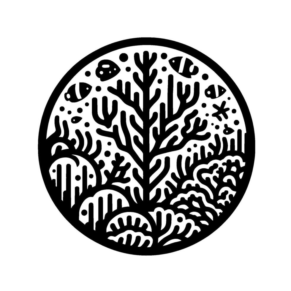 Black and White Circular Illustration of an Underwater Scene with Coral, Fish, and Marine Life. vector