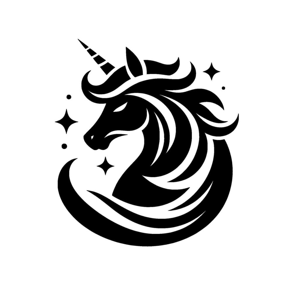 Majestic Black Unicorn Head Silhouette with Flowing Mane, Starry Accents, and Elegant Lines on White Background. vector