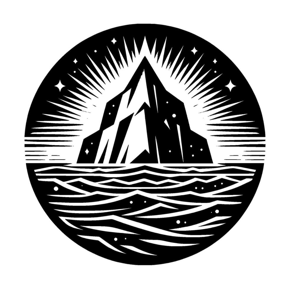Black and White Mountain Crest within a Circle, Above Wavy Sea, Radiating Light, Starry Sky. vector
