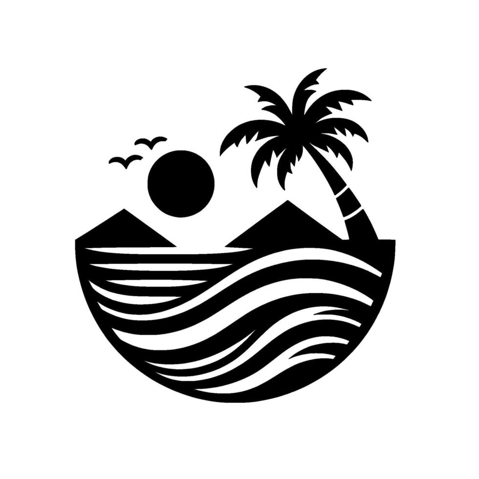 Black and white stylized illustration of a tropical island scene with palm tree, sun, waves, mountains, and birds within a semicircular frame. vector