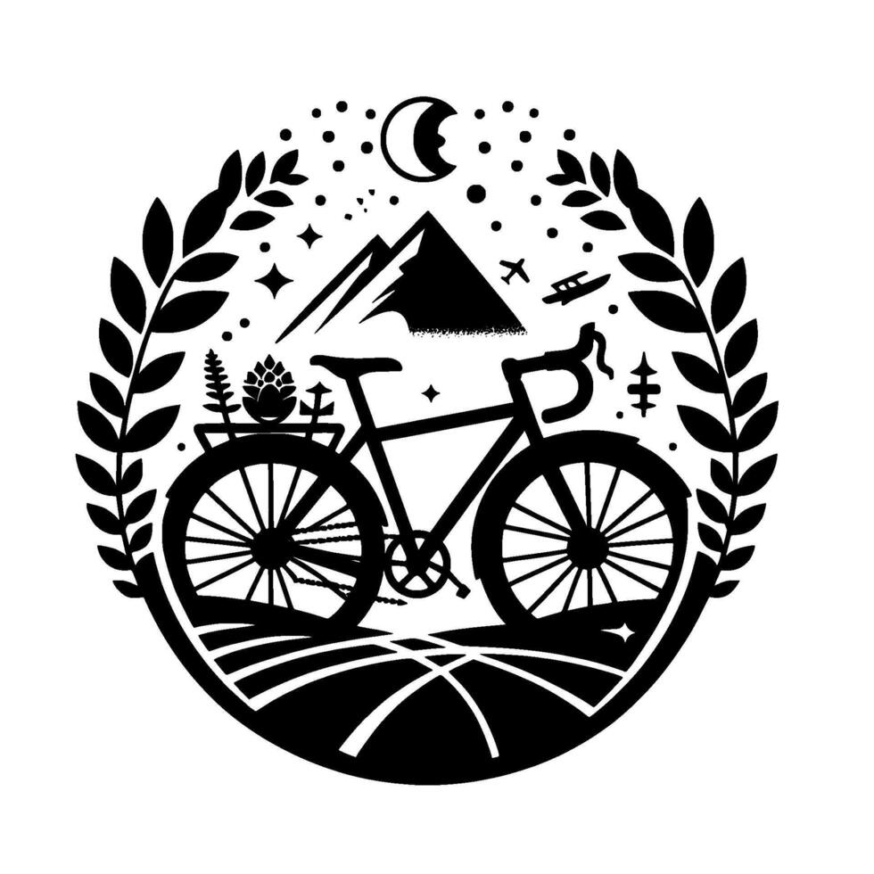 A stylized black and white emblem depicts a bicycle journey under a starlit sky, amidst natures embrace, with mountain, moon, and plants. vector
